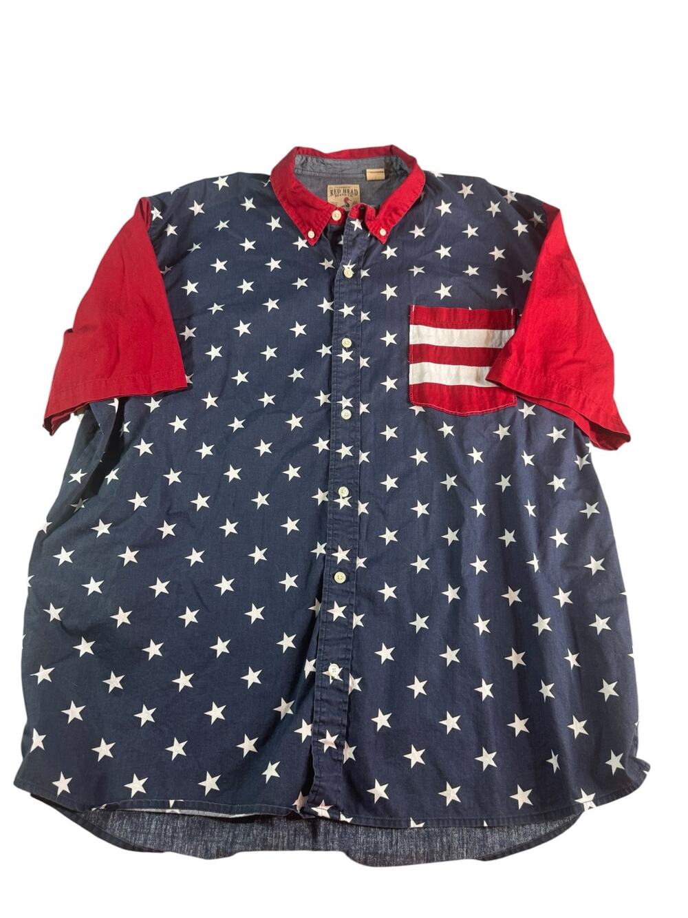 RedHead Mens 2XL American Flag Shirt Stars Stripes Patriotic USA 100% Cotton